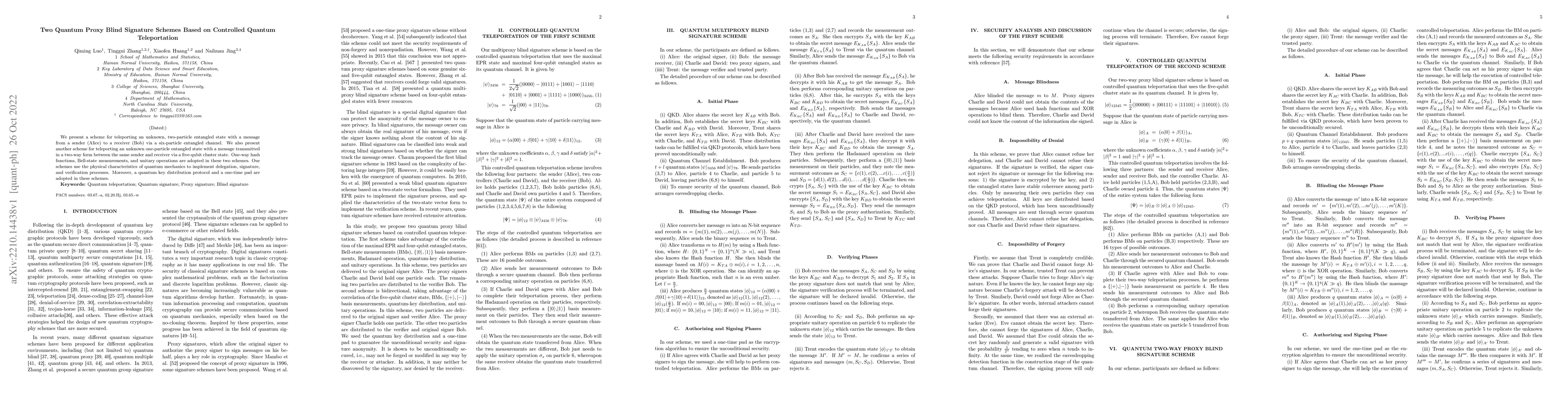 Thumbnail for Two Quantum Proxy Blind Signature Schemes Based on Controlled Quantum
  Teleportation