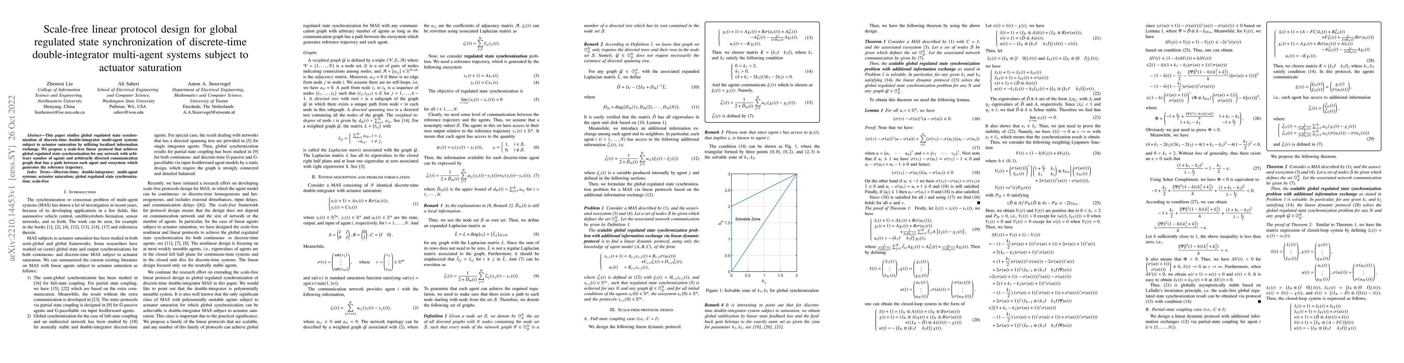 Thumbnail for Scale-free linear protocol design for global regulated state
  synchronization of discrete-time double-integrator multi-agent systems
  subject to actuator saturation