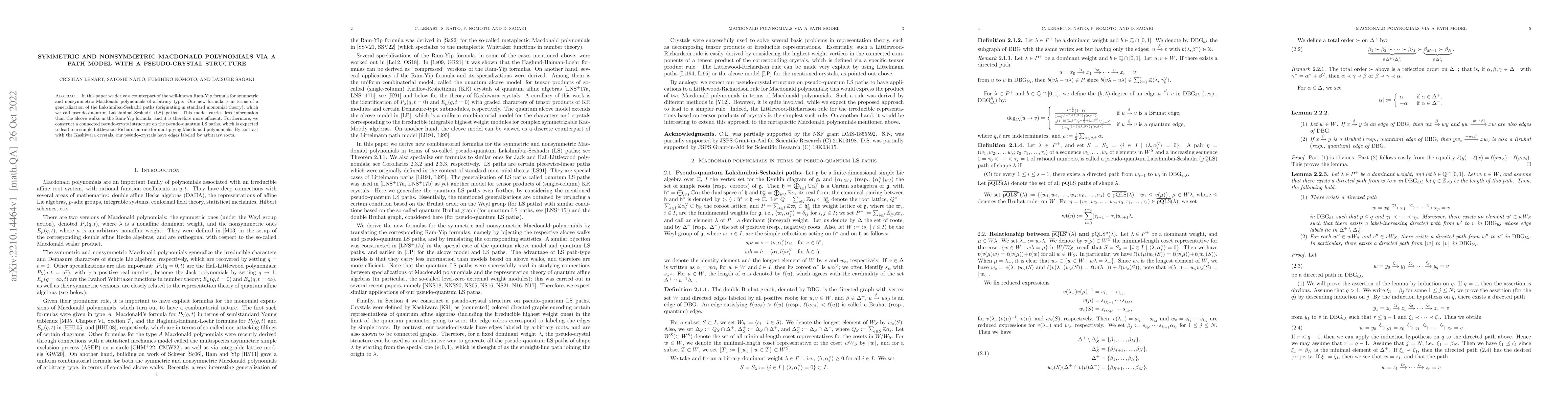 Thumbnail for Symmetric and Nonsymmetric Macdonald Polynomials via a Path Model with a
  Pseudo-crystal Structure