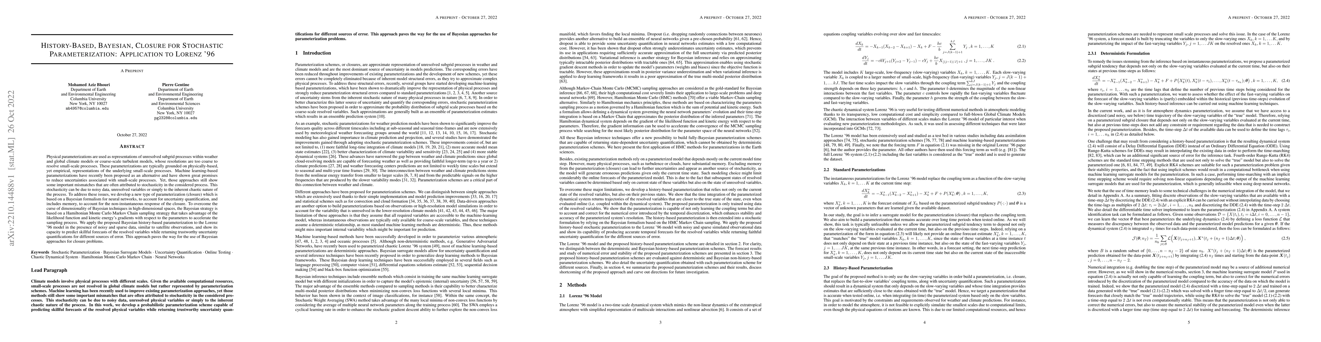 Thumbnail for History-Based, Bayesian, Closure for Stochastic Parameterization:
  Application to Lorenz '96