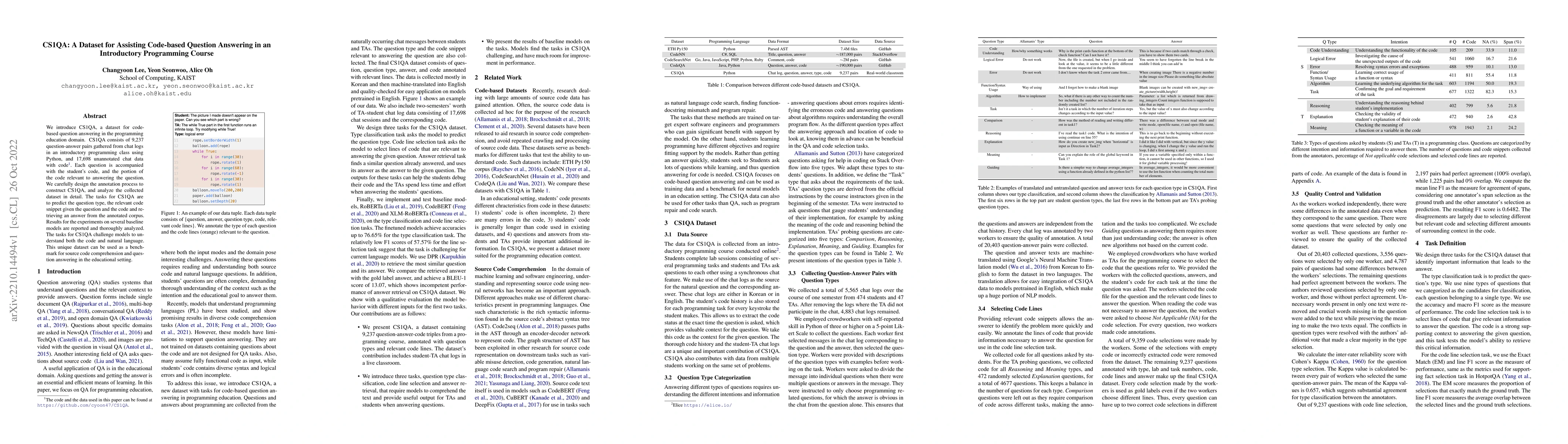 Thumbnail for CS1QA: A Dataset for Assisting Code-based Question Answering in an
  Introductory Programming Course