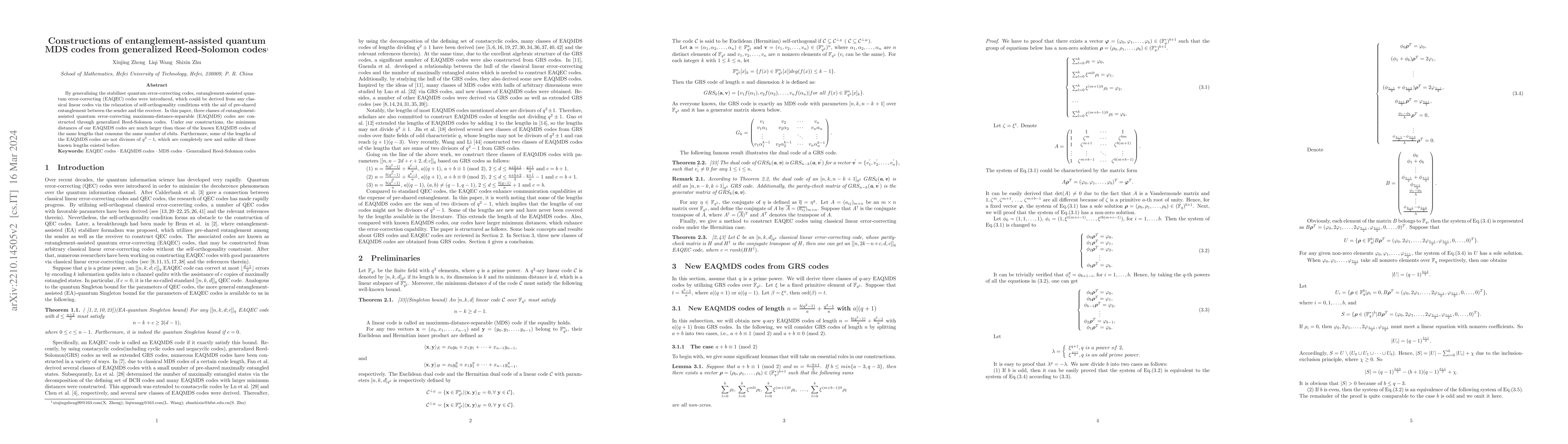 Thumbnail for Constructions of entanglement-assisted quantum MDS codes from
  generalized Reed-Solomon codes