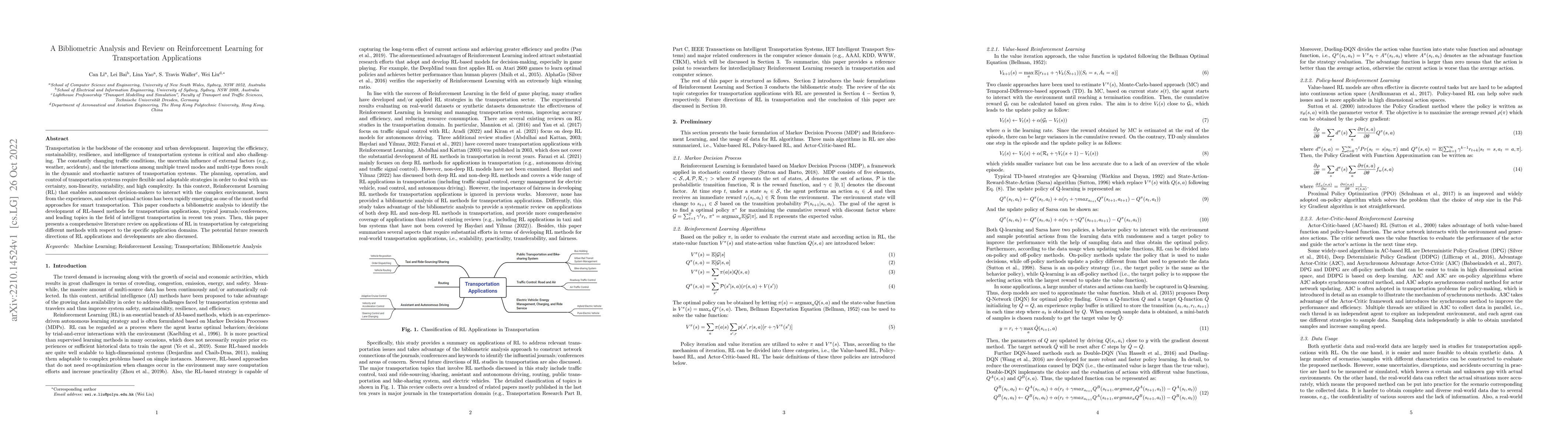 Thumbnail for A Bibliometric Analysis and Review on Reinforcement Learning for
  Transportation Applications