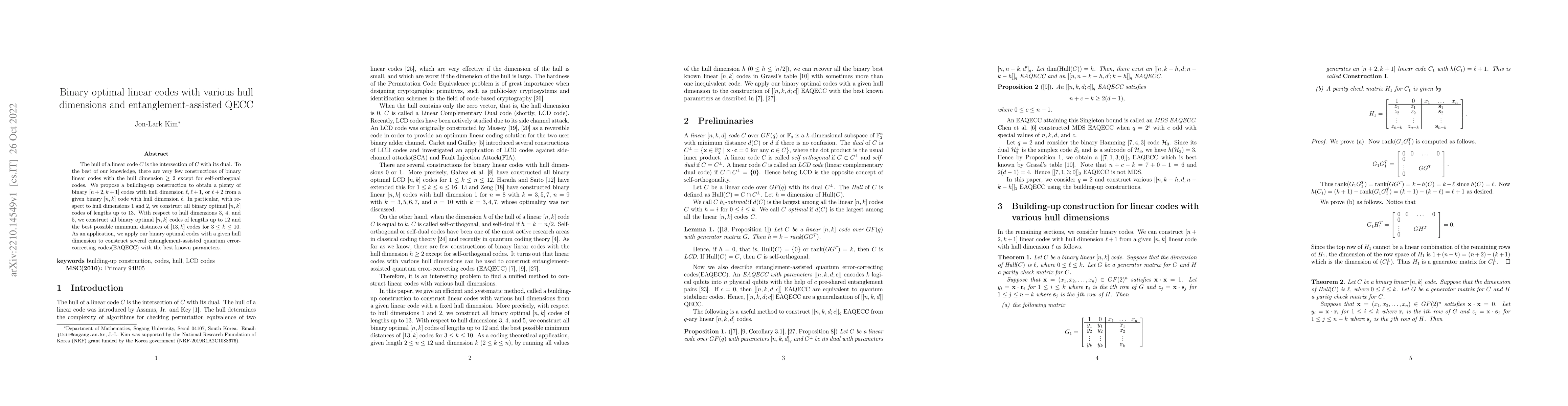 Thumbnail for Binary optimal linear codes with various hull dimensions and
  entanglement-assisted QECC