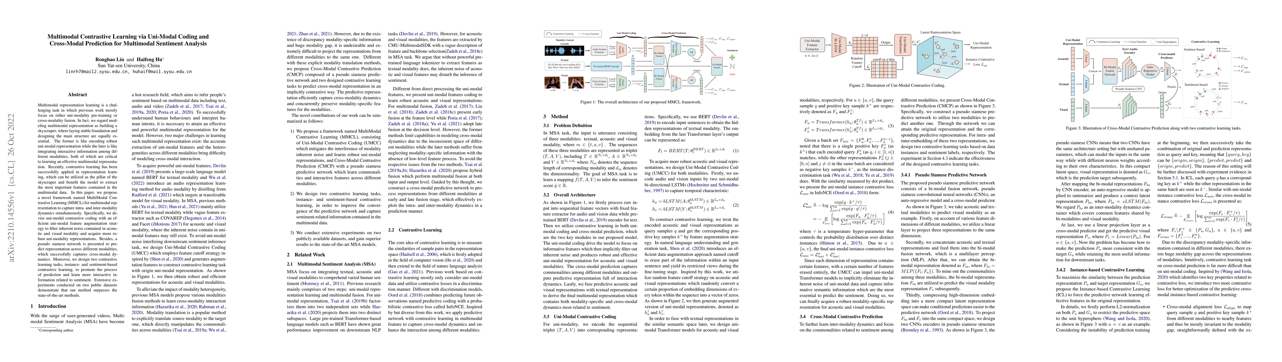 Thumbnail for Multimodal Contrastive Learning via Uni-Modal Coding and Cross-Modal
  Prediction for Multimodal Sentiment Analysis