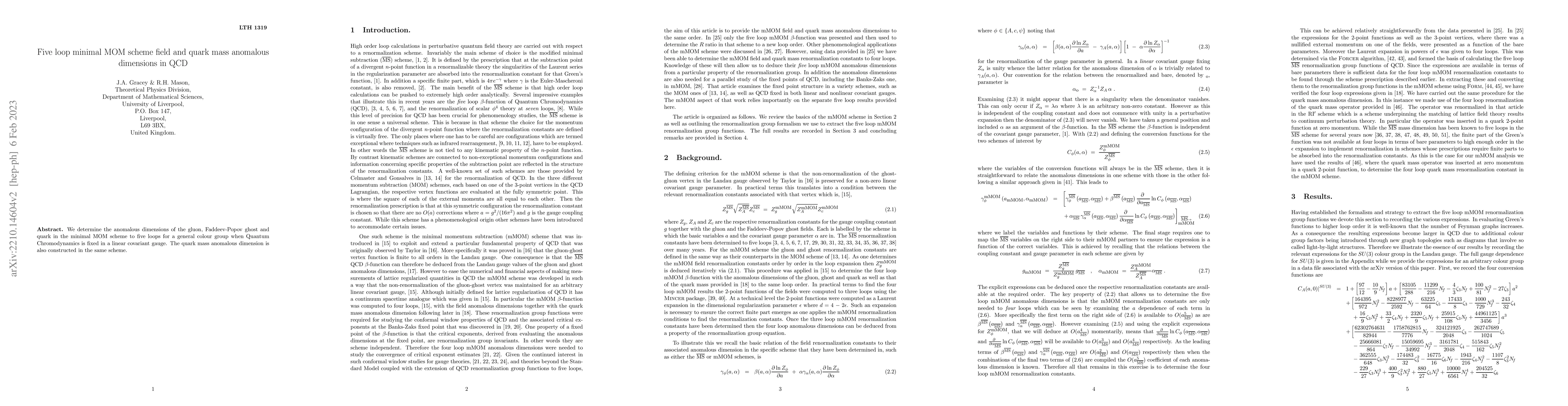 Thumbnail for Five loop minimal MOM scheme field and quark mass anomalous dimensions
  in QCD