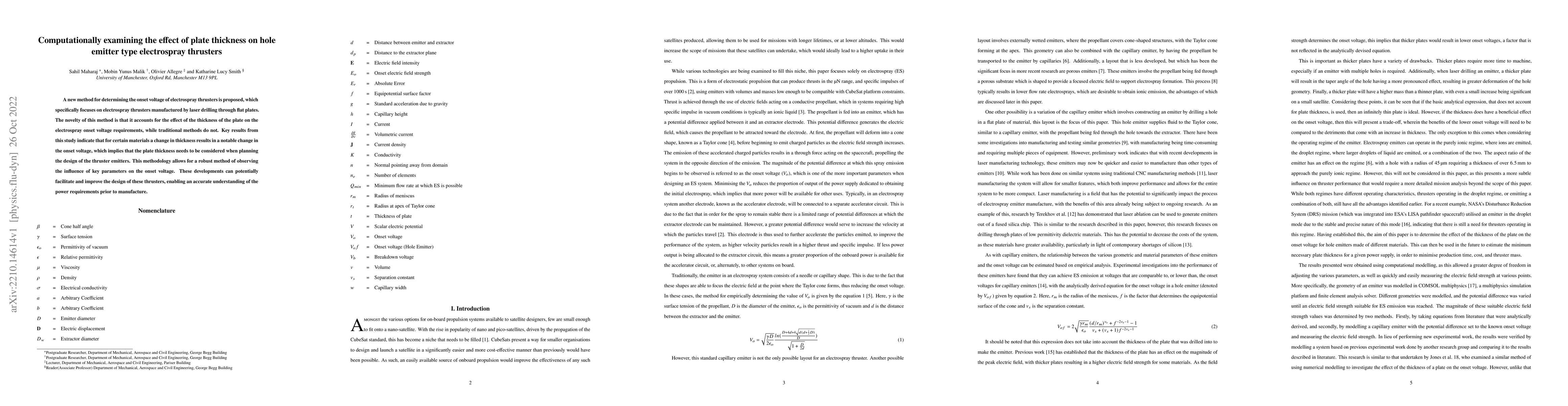 Thumbnail for Computationally examining the effect of plate thickness on hole emitter
  type electrospray thrusters