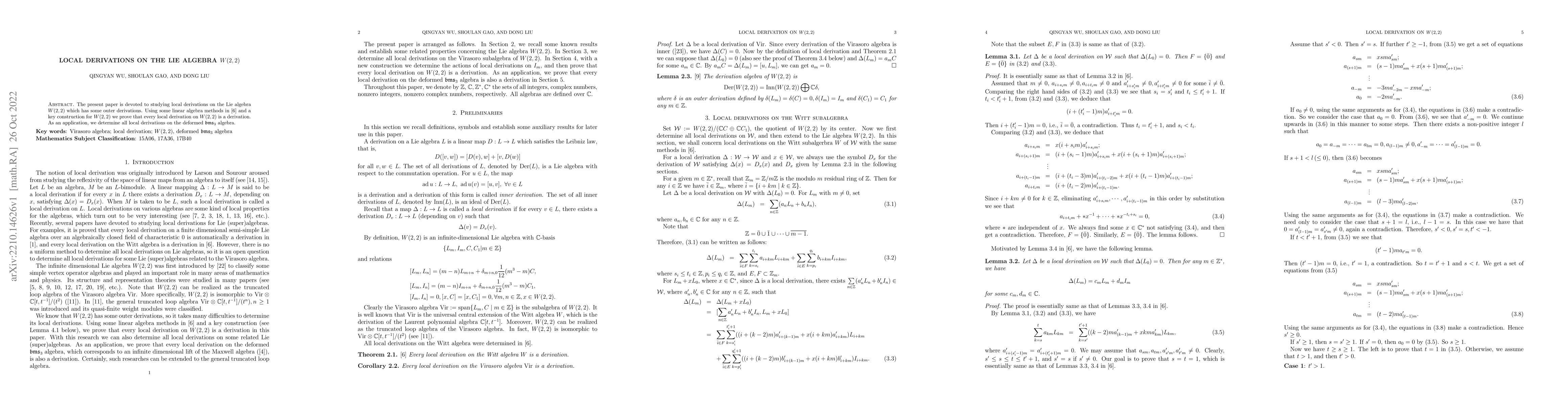 Thumbnail for Local derivations on the Lie algebra $W(2,2)$