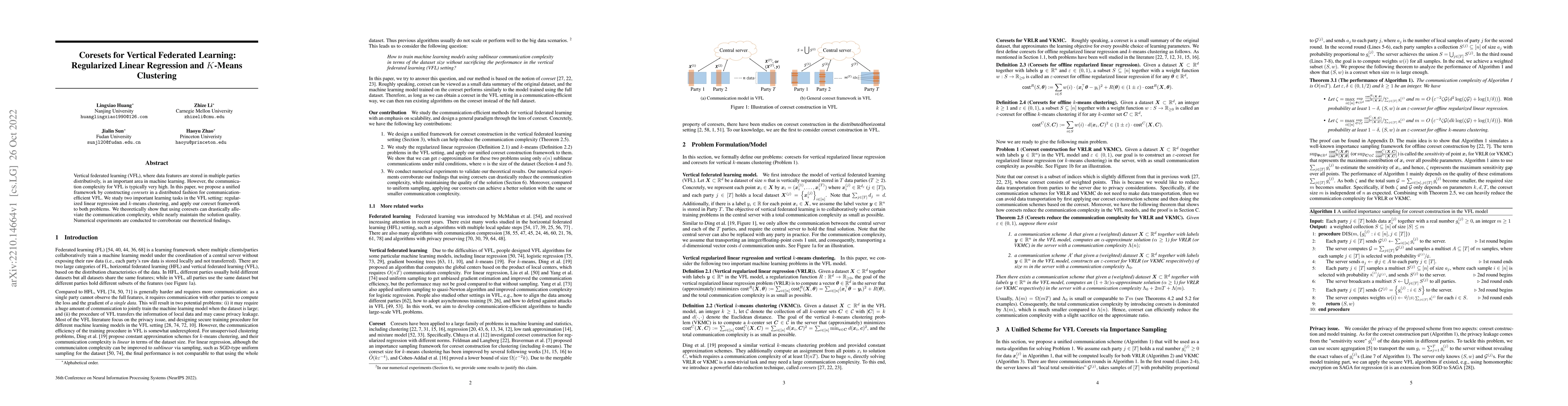 Thumbnail for Coresets for Vertical Federated Learning: Regularized Linear Regression
  and $K$-Means Clustering