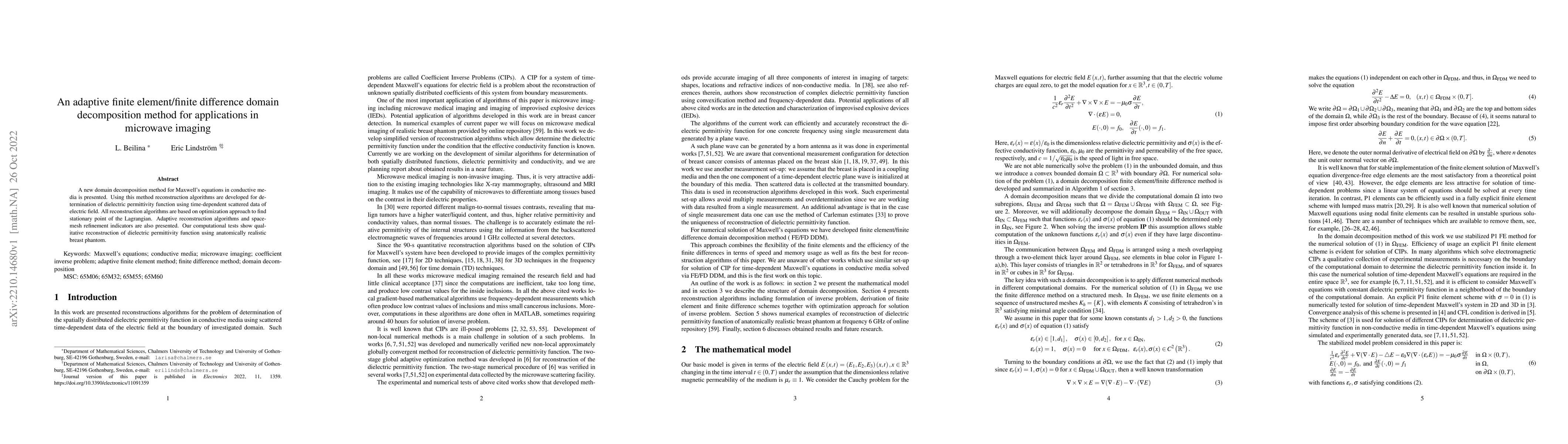 Thumbnail for An adaptive finite element/finite difference domain decomposition method
  for applications in microwave imaging