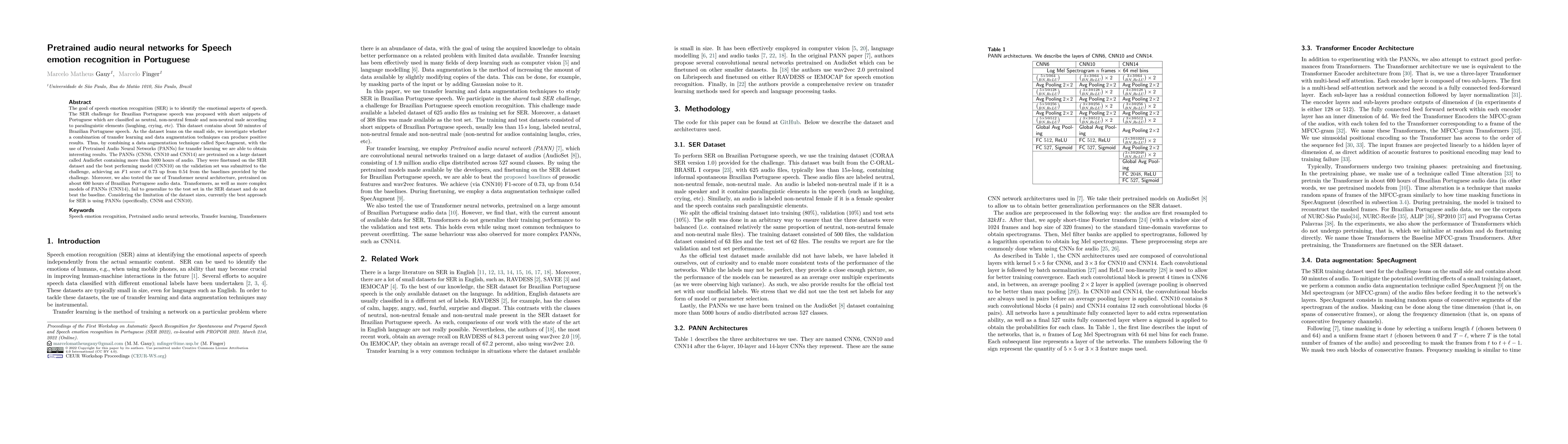 Thumbnail for Pretrained audio neural networks for Speech emotion recognition in
  Portuguese