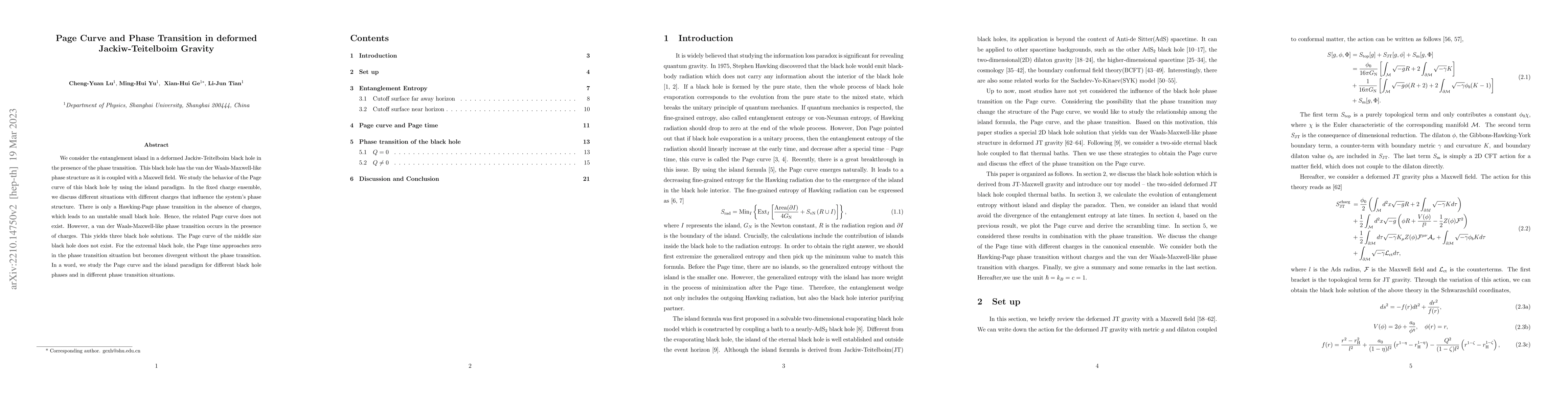 Thumbnail for Page Curve and Phase Transition in deformed Jackiw-Teitelboim Gravity