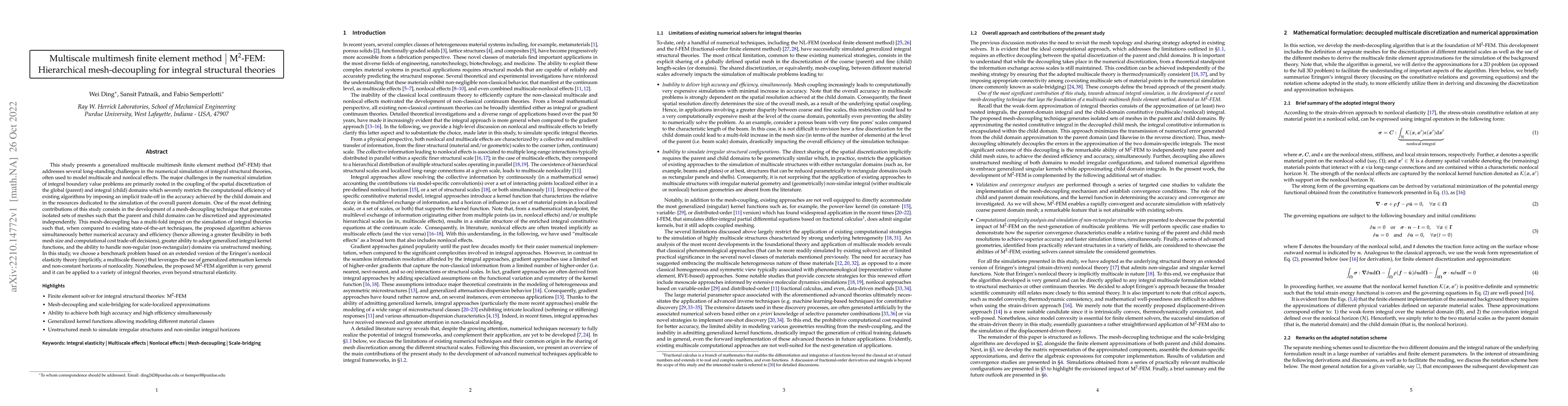 Thumbnail for Multiscale multimesh finite element method | $\text{M}^2$-FEM:
  Hierarchical mesh-decoupling for integral structural theories