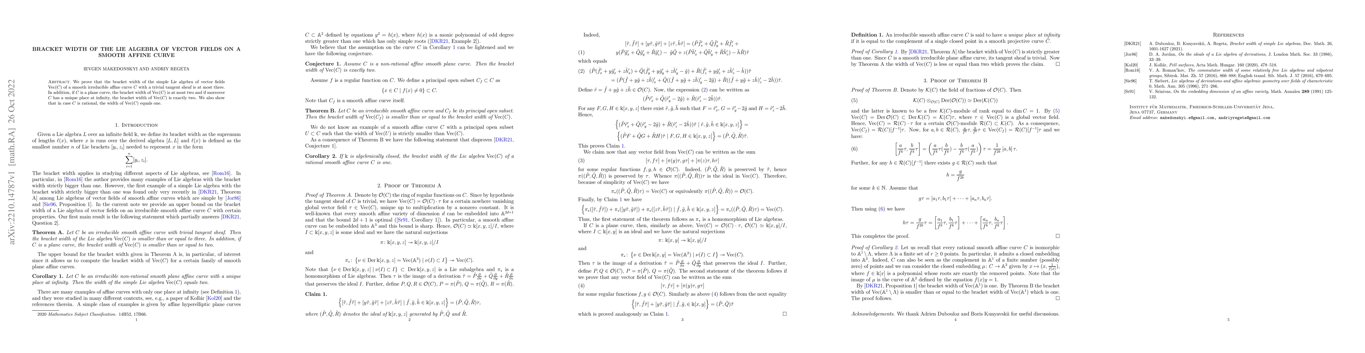 Thumbnail for Bracket width of the Lie algebra of vector fields on a smooth affine
  curve