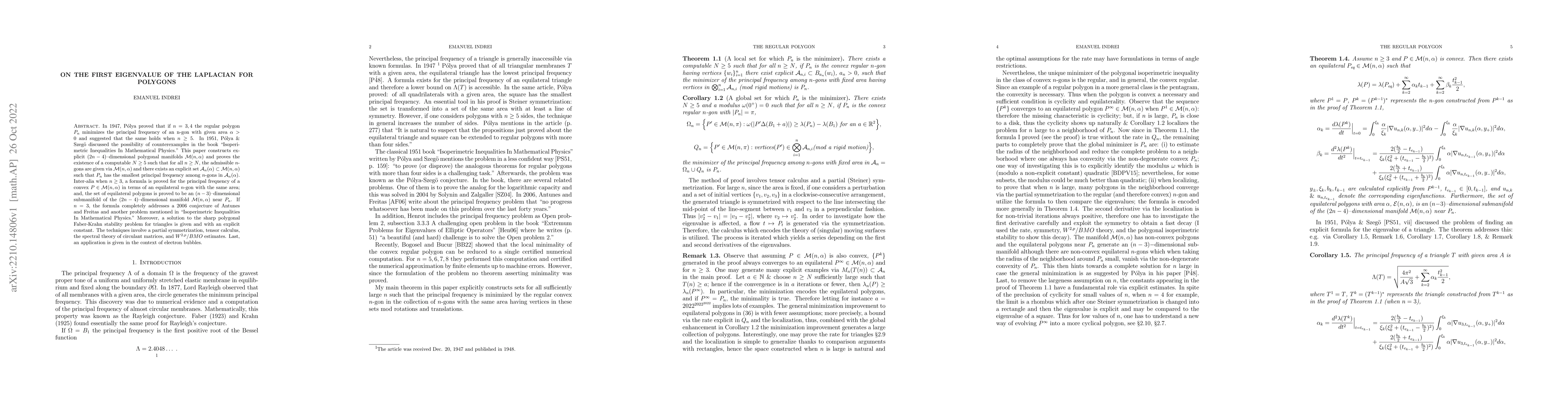 Thumbnail for On the first eigenvalue of the Laplacian for polygons