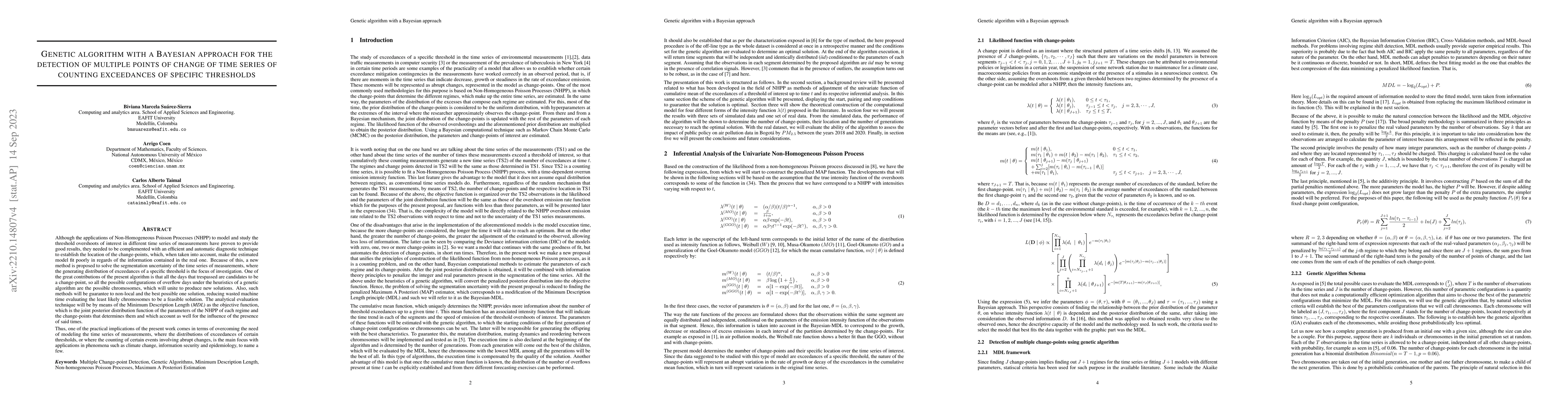 Thumbnail for Genetic algorithm with a Bayesian approach for the detection of multiple
  points of change of time series of counting exceedances of specific
  thresholds