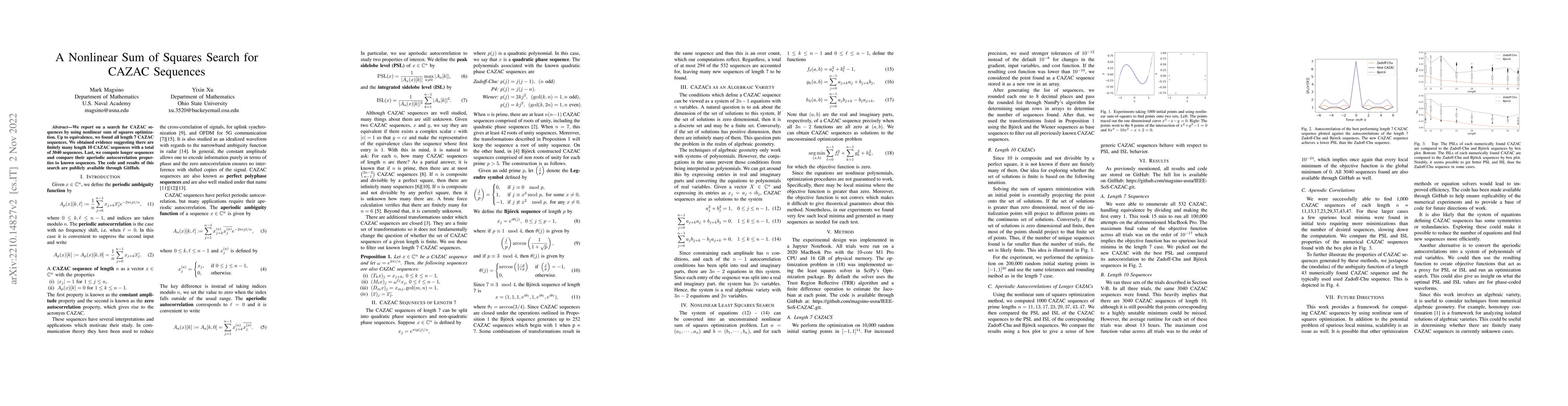 Thumbnail for A Nonlinear Sum of Squares Search for CAZAC Sequences