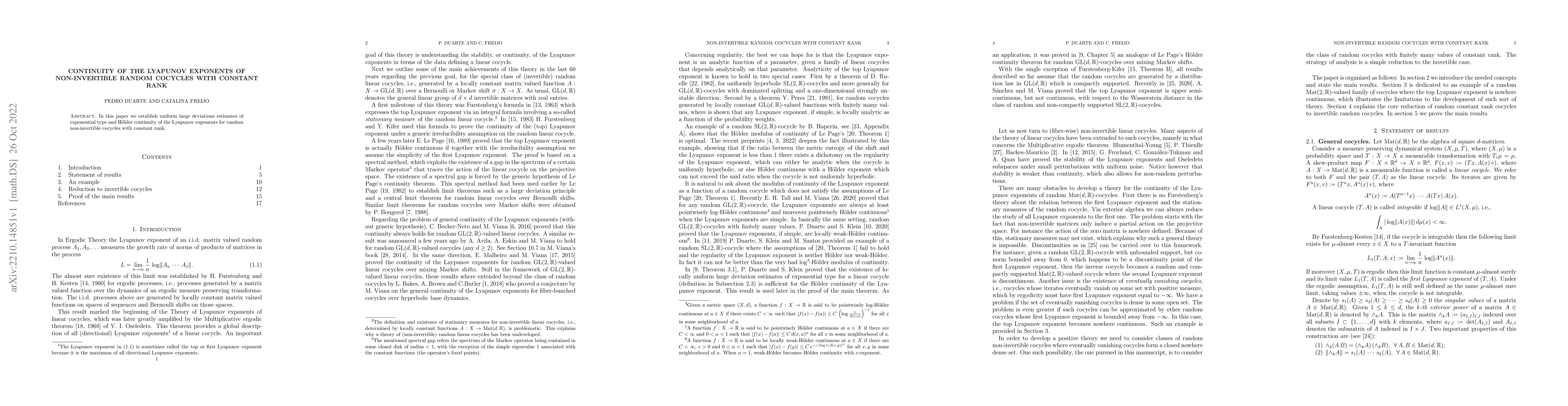 Thumbnail for Continuity of the Lyapunov exponents of non-invertible random cocycles
  with constant rank
