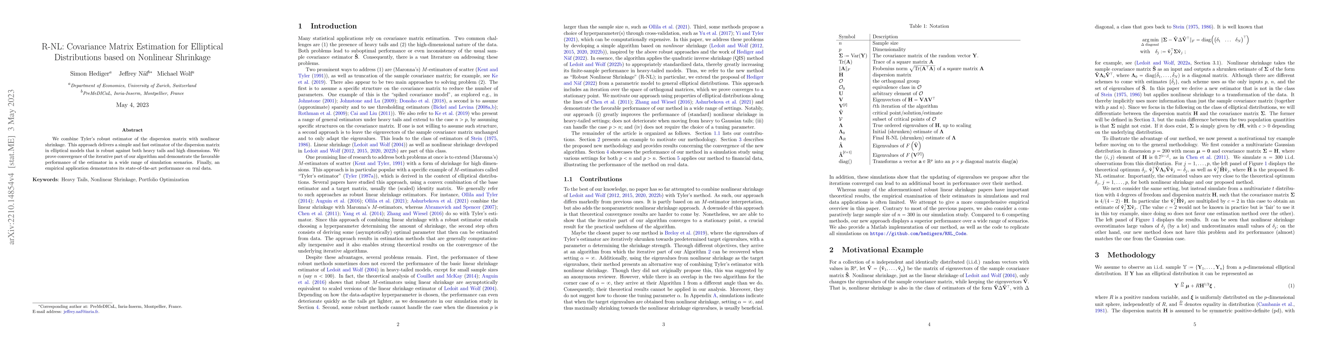 Thumbnail for R-NL: Covariance Matrix Estimation for Elliptical Distributions based on
  Nonlinear Shrinkage