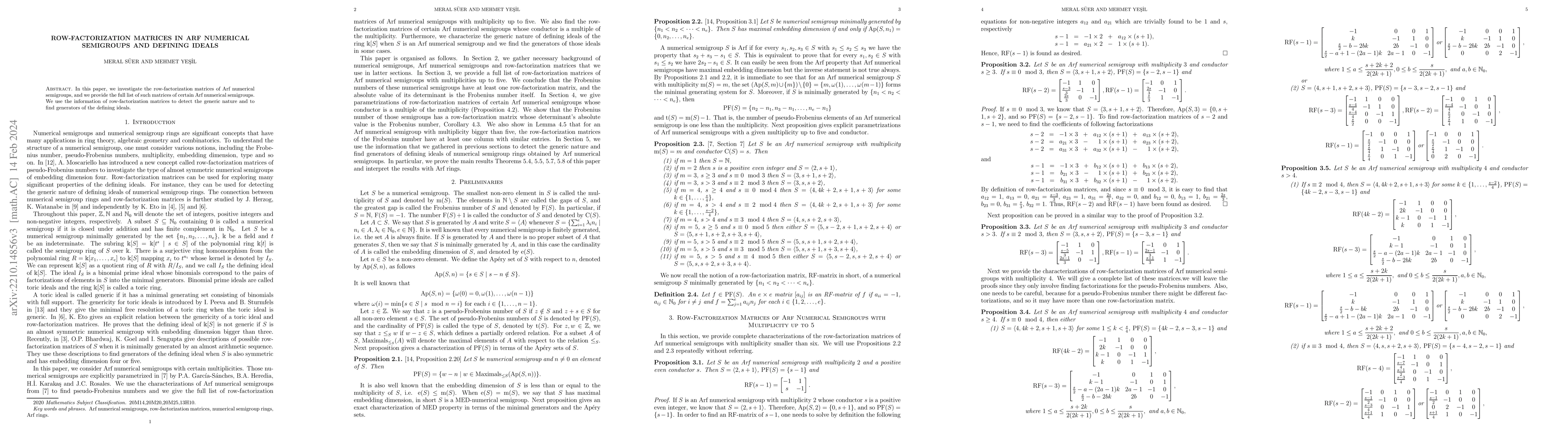 Thumbnail for Row-Factorization Matrices in Arf Numerical Semigroups and Defining
  Ideals