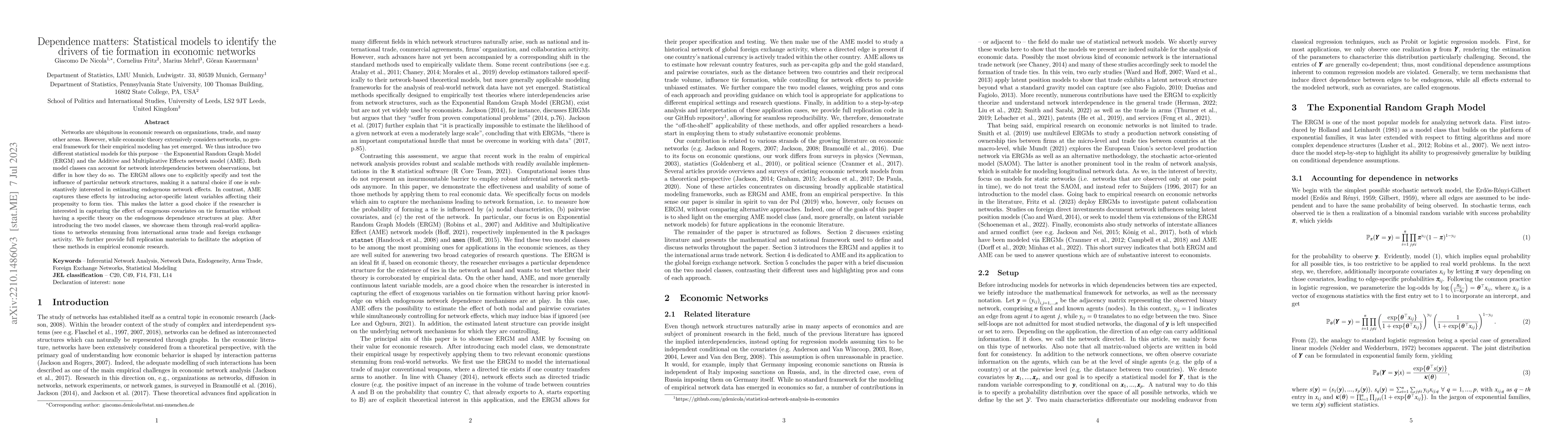 Thumbnail for Dependence matters: Statistical models to identify the drivers of tie
  formation in economic networks