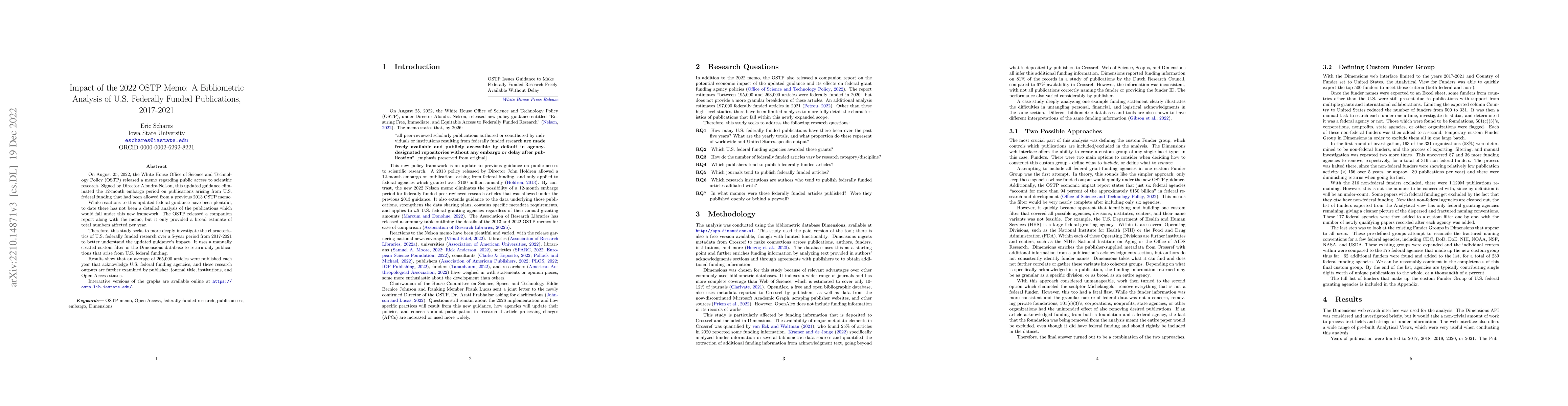 Thumbnail for Impact of the 2022 OSTP Memo: A Bibliometric Analysis of U.S. Federally
  Funded Publications, 2017-2021
