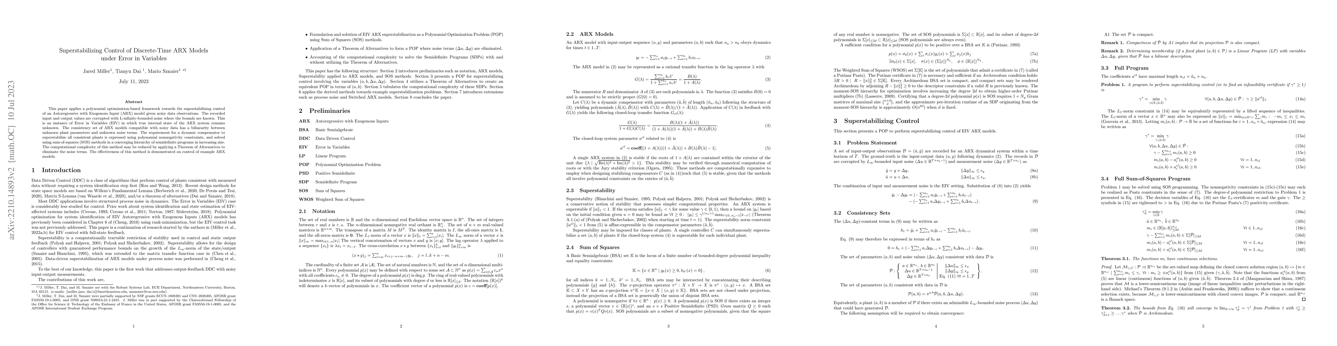 Thumbnail for Superstabilizing Control of Discrete-Time ARX Models under Error in
  Variables