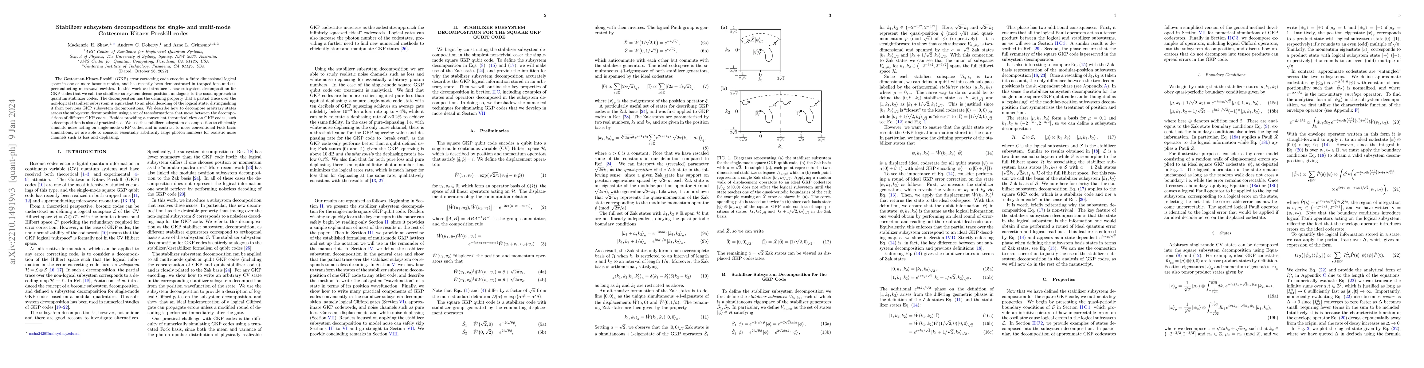 Thumbnail for Stabilizer subsystem decompositions for single- and multi-mode
  Gottesman-Kitaev-Preskill codes