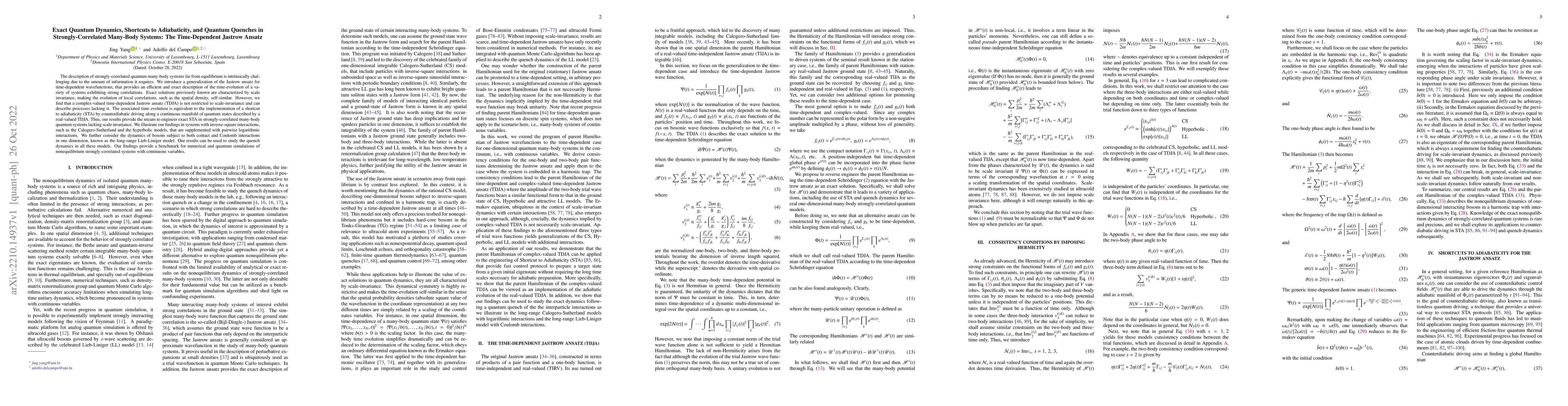 Thumbnail for Exact Quantum Dynamics, Shortcuts to Adiabaticity, and Quantum Quenches
  in Strongly-Correlated Many-Body Systems: The Time-Dependent Jastrow Ansatz