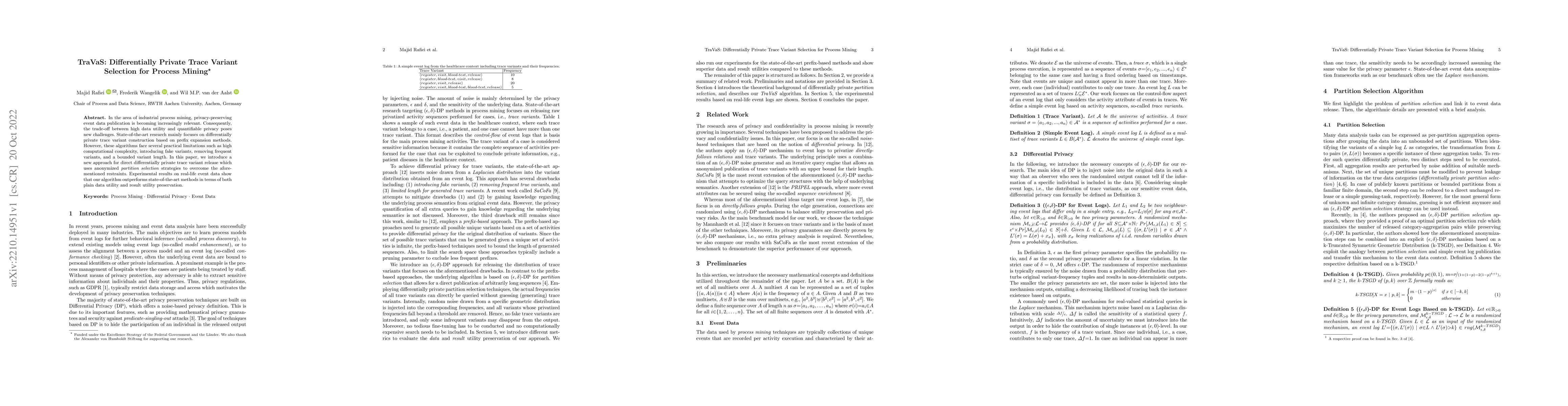Thumbnail for TraVaS: Differentially Private Trace Variant Selection for Process
  Mining