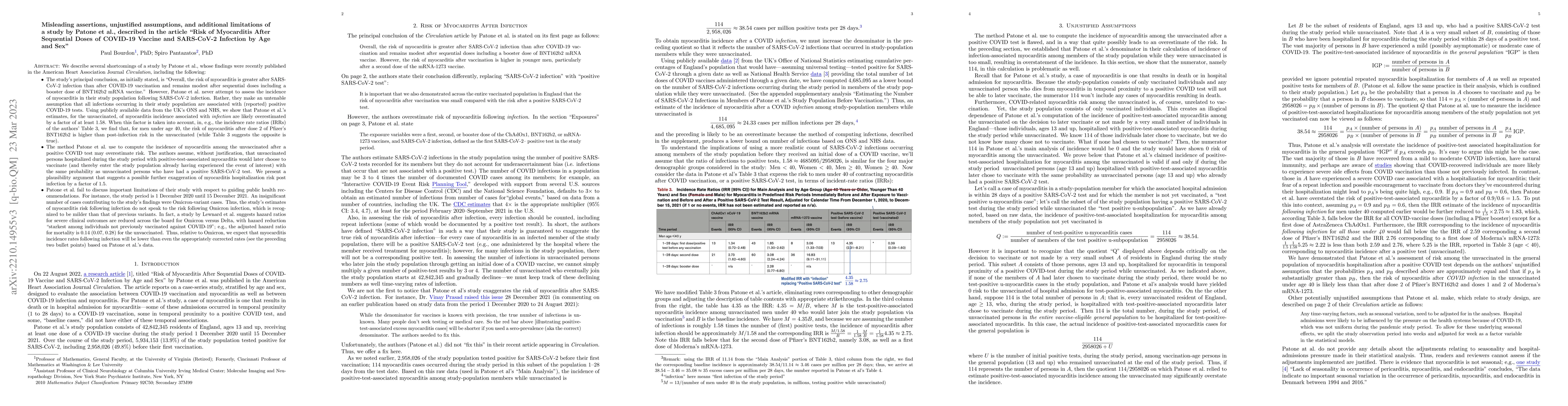 Thumbnail for Misleading assertions, unjustified assumptions, and additional
  limitations of a study by Patone et al., described in the article "Risk of
  Myocarditis After Sequential Doses of COVID-19 Vaccine and SARS-CoV-2
  Infection by Age and Sex"