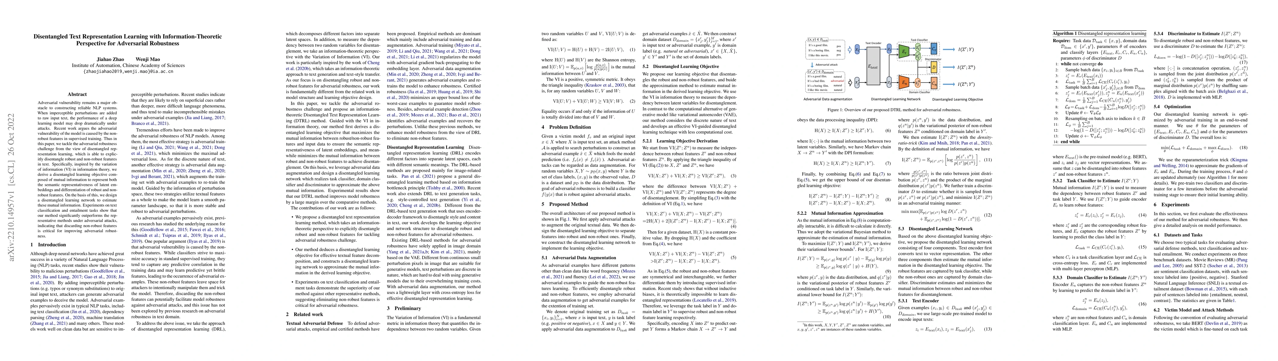 Thumbnail for Disentangled Text Representation Learning with Information-Theoretic
  Perspective for Adversarial Robustness