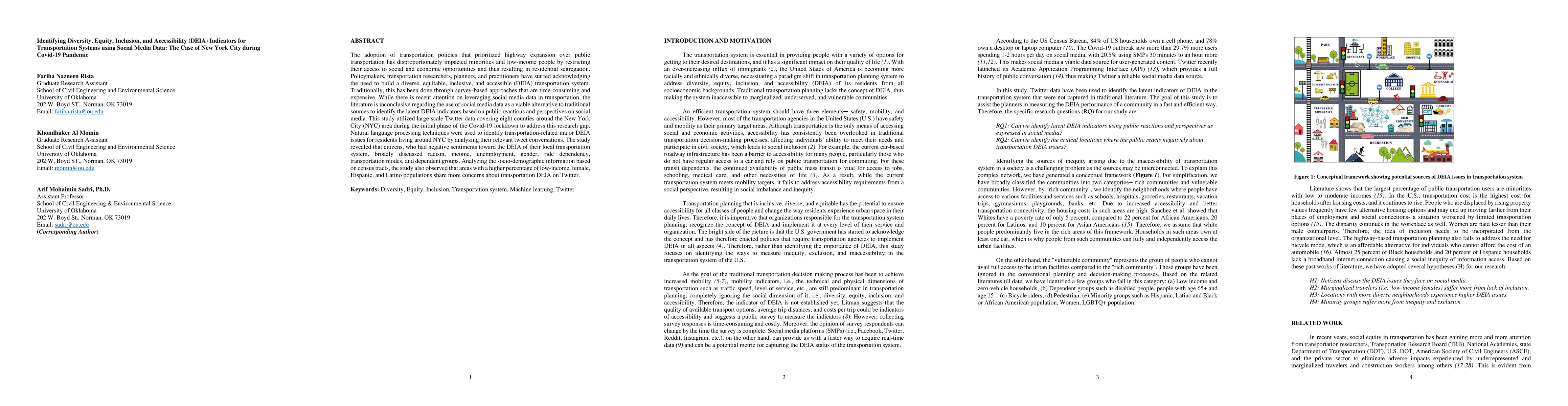 Thumbnail for Identifying Diversity, Equity, Inclusion, and Accessibility (DEIA)
  Indicators for Transportation Systems using Social Media Data: The Case of
  New York City during Covid-19 Pandemic