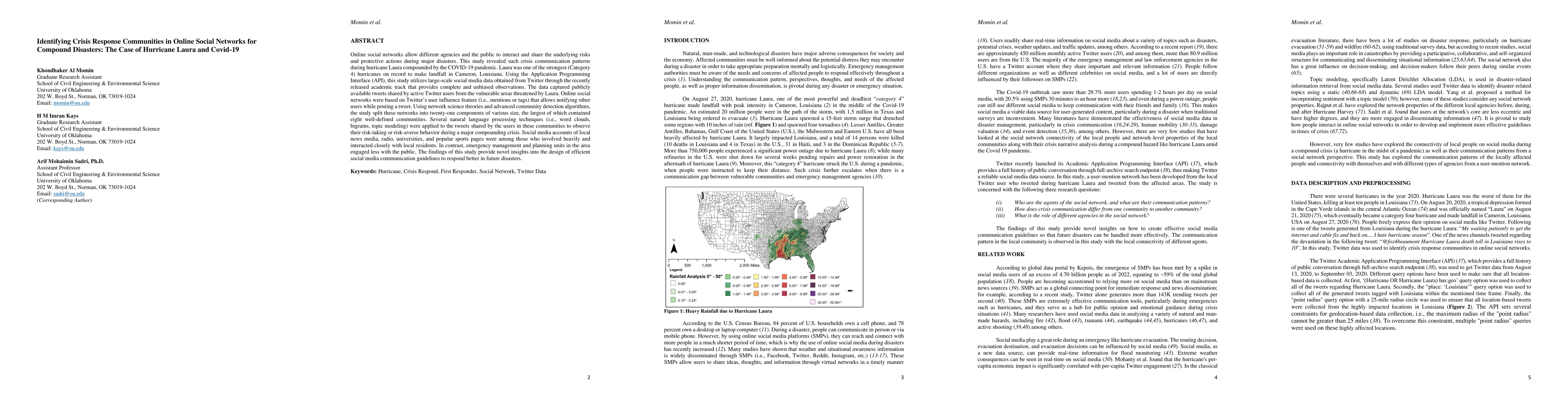 Thumbnail for Identifying Crisis Response Communities in Online Social Networks for
  Compound Disasters: The Case of Hurricane Laura and Covid-19