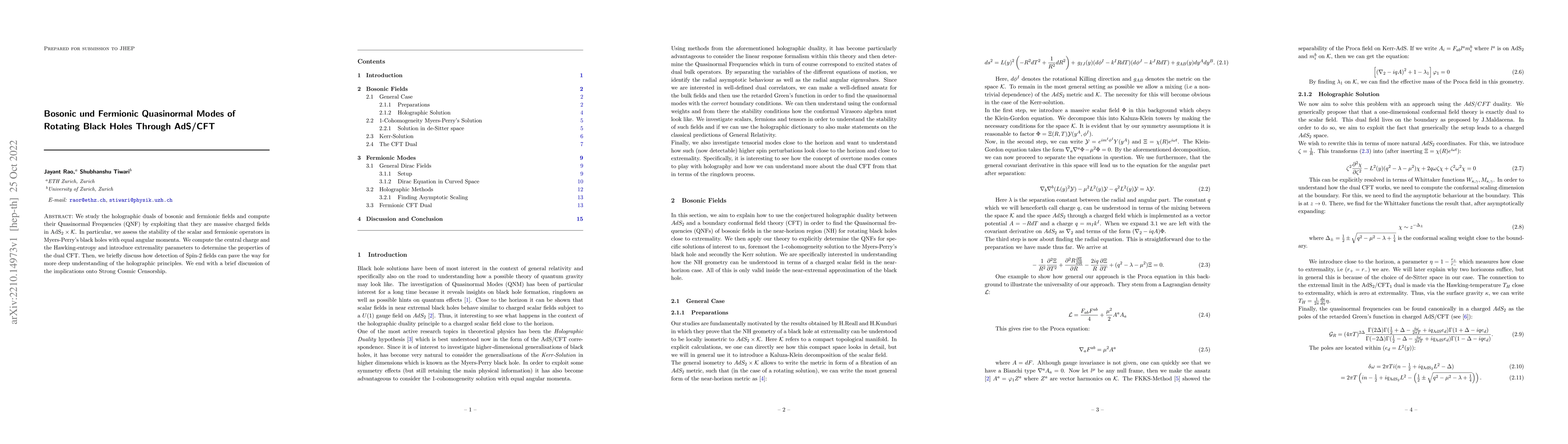 Thumbnail for Bosonic und Fermionic Quasinormal Modes of Rotating Black Holes Through
  AdS/CFT