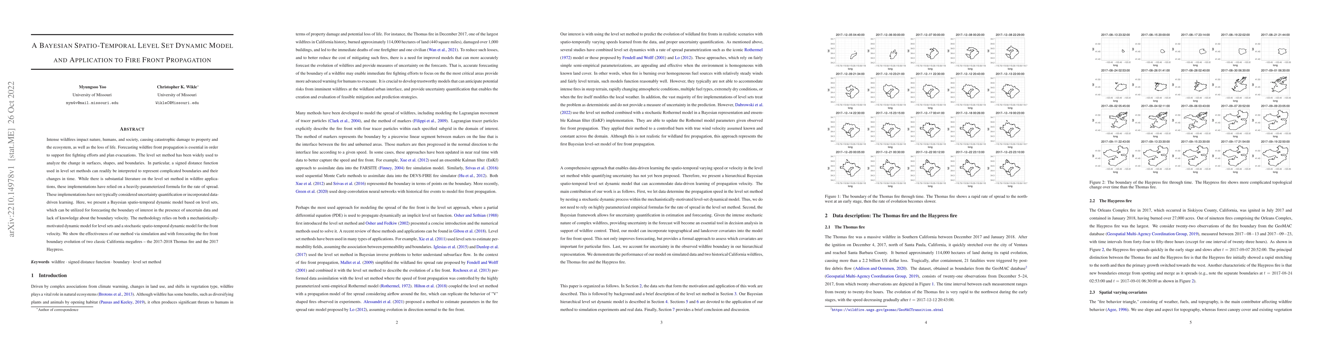 Thumbnail for A Bayesian Spatio-Temporal Level Set Dynamic Model and Application to
  Fire Front Propagation