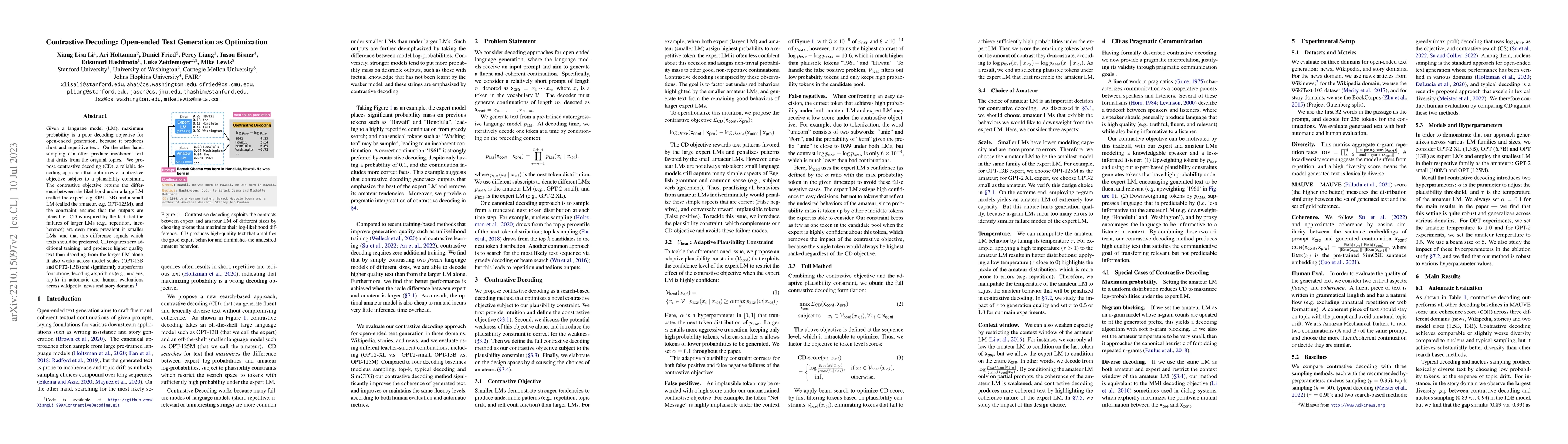 Thumbnail for Contrastive Decoding: Open-ended Text Generation as Optimization