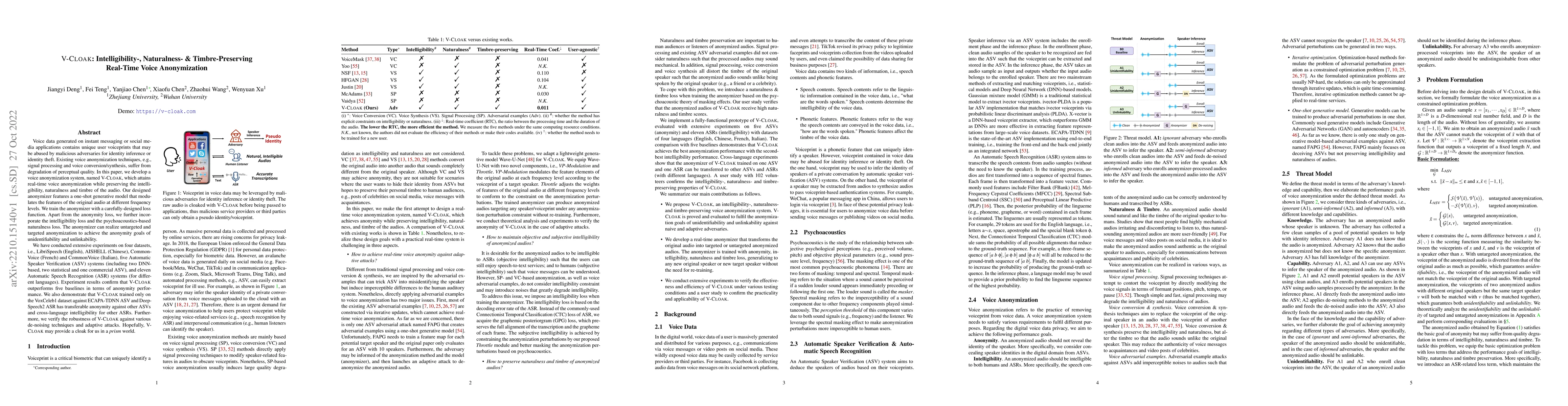 Thumbnail for V-Cloak: Intelligibility-, Naturalness- & Timbre-Preserving Real-Time
  Voice Anonymization