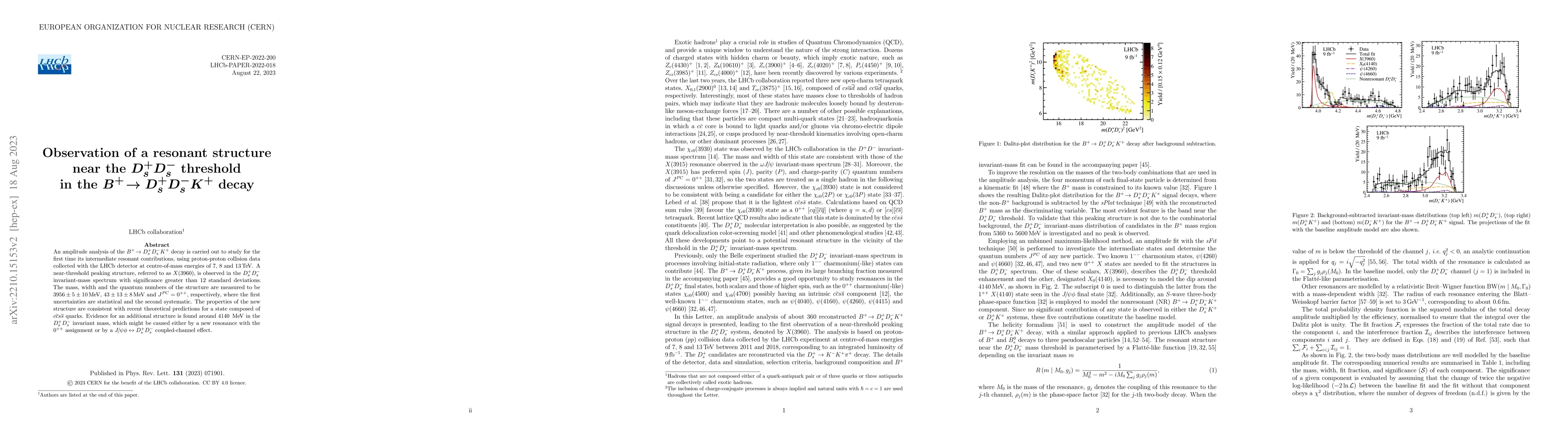 Thumbnail for Observation of a resonant structure near the $D_s^+ D_s^-$ threshold in
  the $B^+\to D_s^+ D_s^- K^+$ decay