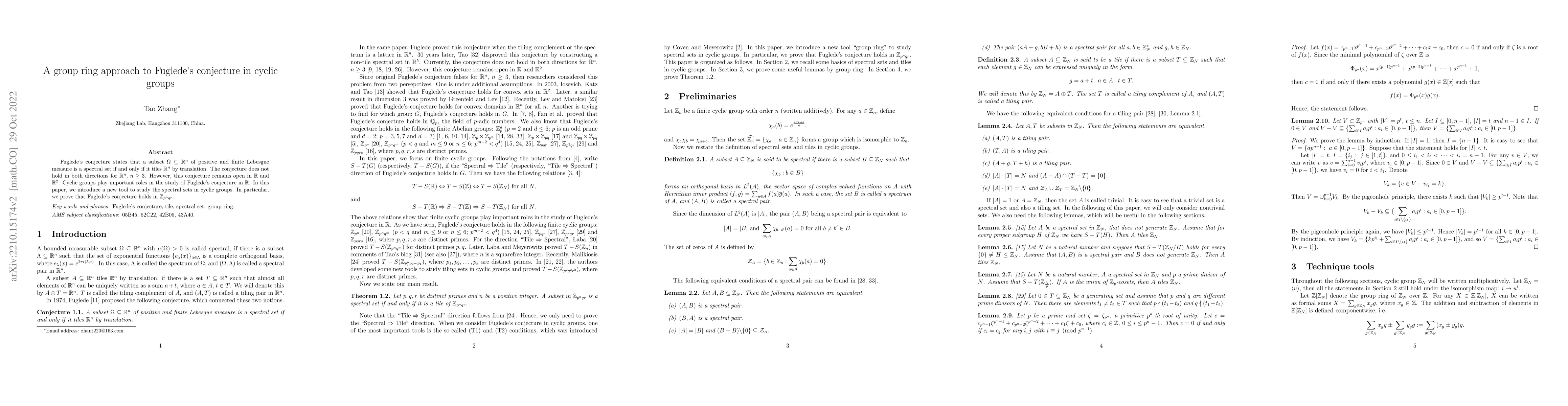 Thumbnail for A group ring approach to Fuglede's conjecture in cyclic groups