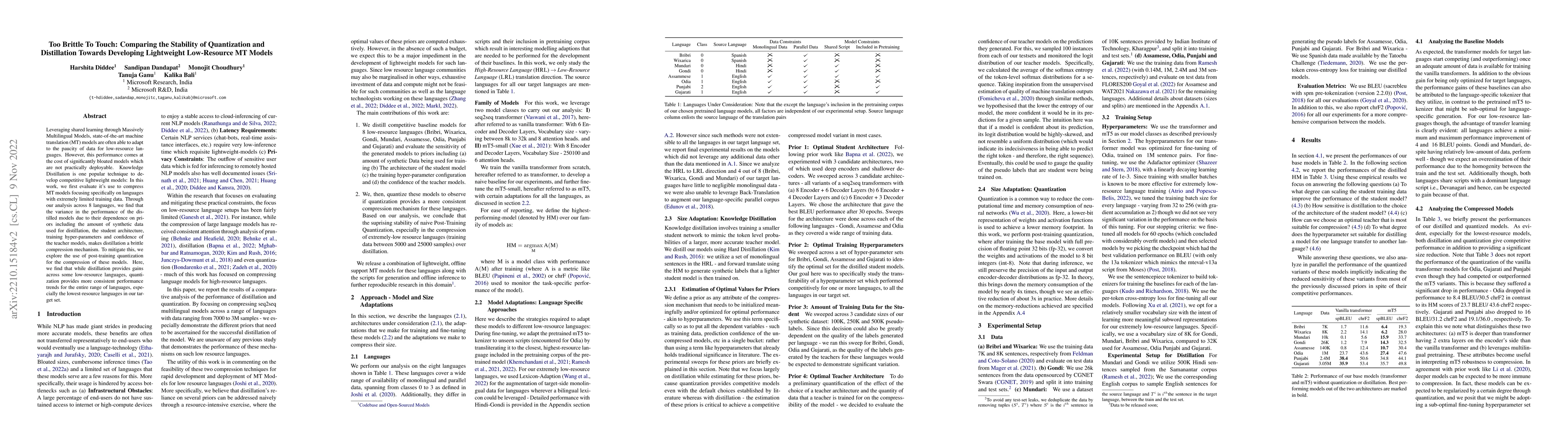 Thumbnail for Too Brittle To Touch: Comparing the Stability of Quantization and
  Distillation Towards Developing Lightweight Low-Resource MT Models