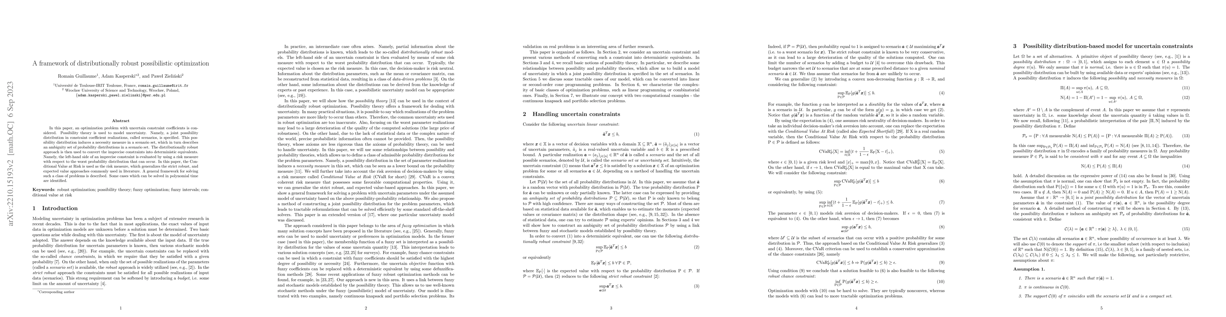 Thumbnail for A framework of distributionally robust possibilistic optimization