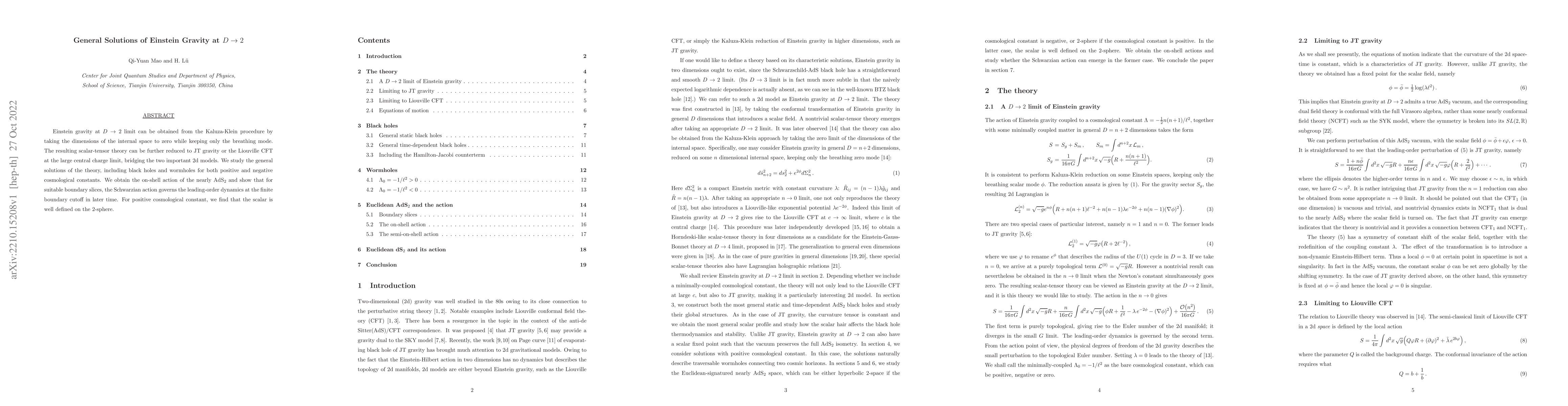 Thumbnail for General Solutions of Einstein Gravity at $D\rightarrow 2$