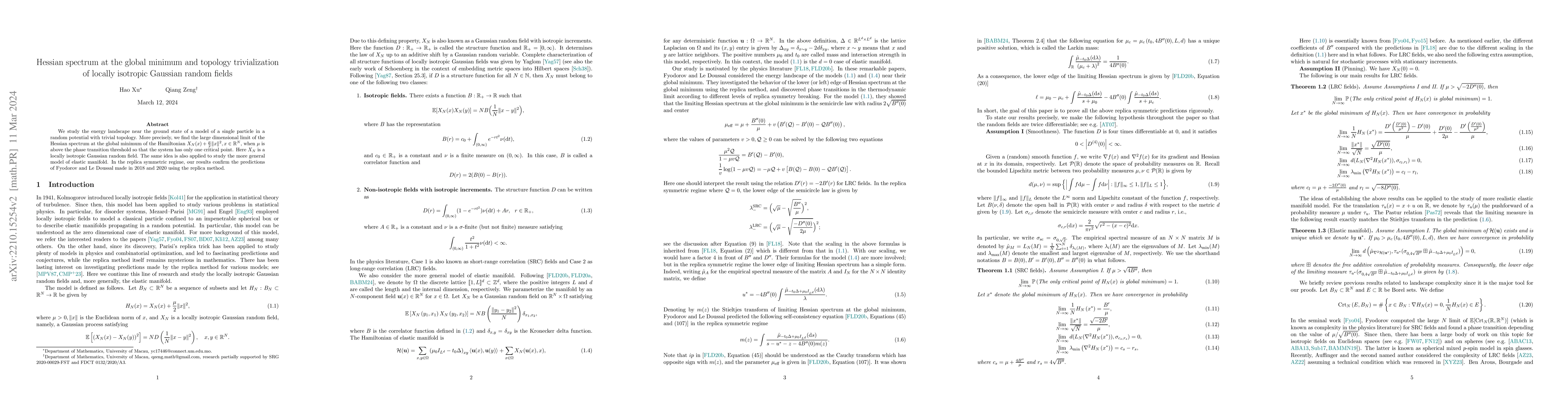 Thumbnail for Hessian spectrum at the global minimum and topology trivialization of
  locally isotropic Gaussian random fields