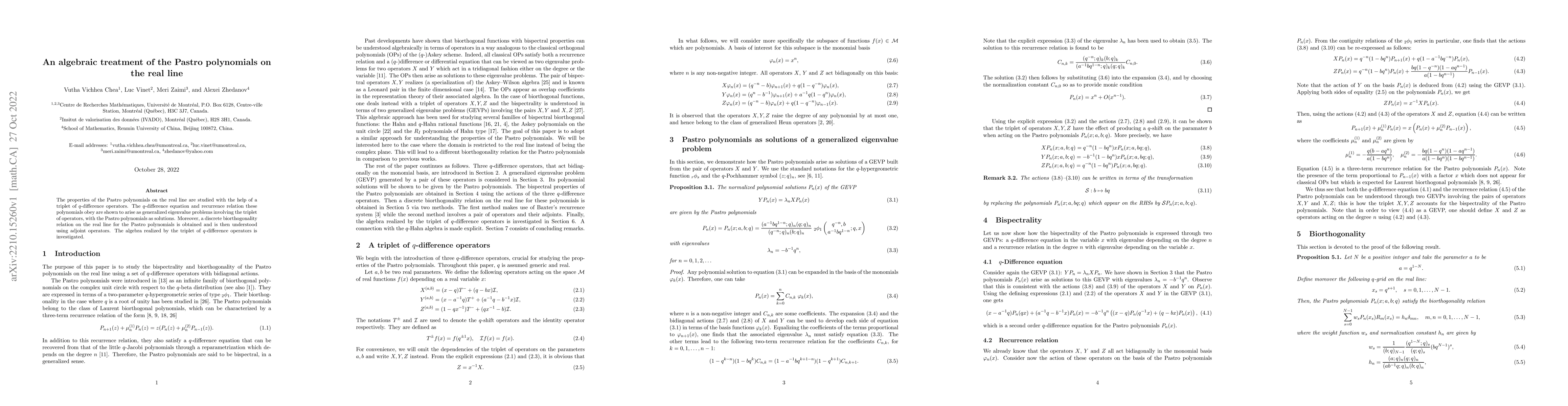 Thumbnail for An algebraic treatment of the Pastro polynomials on the real line
