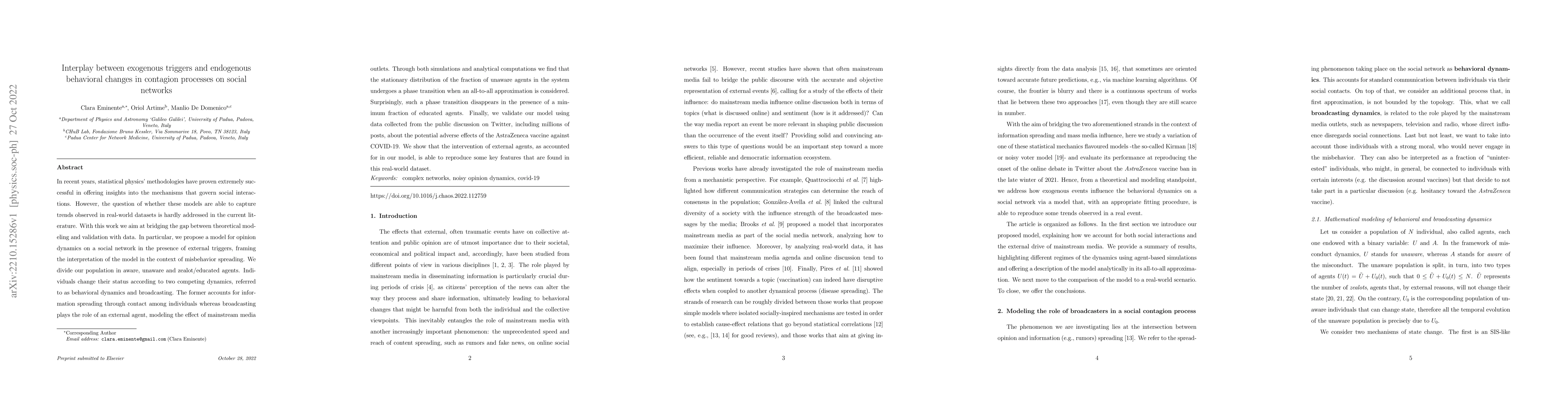 Thumbnail for Interplay between exogenous triggers and endogenous behavioral changes
  in contagion processes on social networks