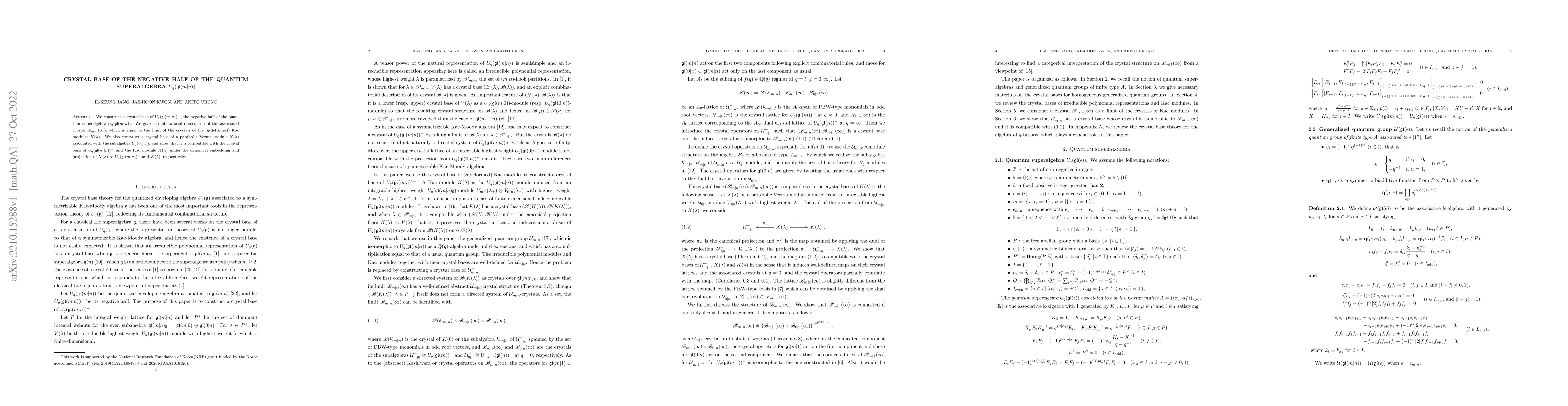 Thumbnail for Crystal base of the negative half of the quantum superalgebra
  $U_q(\mathfrak{gl}(m|n))$