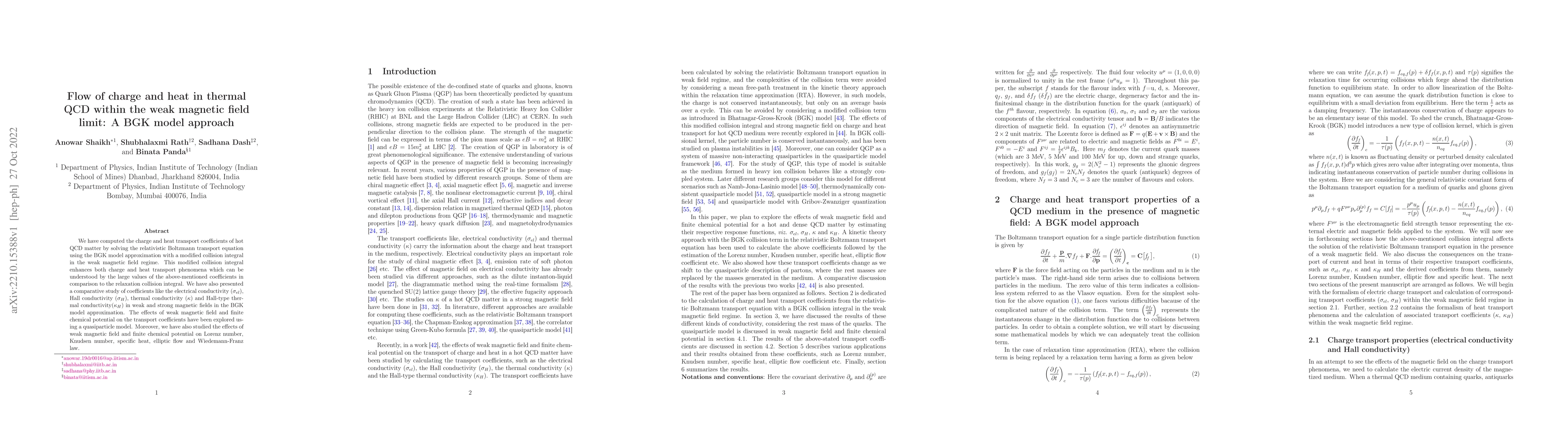 Thumbnail for Flow of charge and heat in thermal QCD within the weak magnetic field
  limit: A BGK model approach