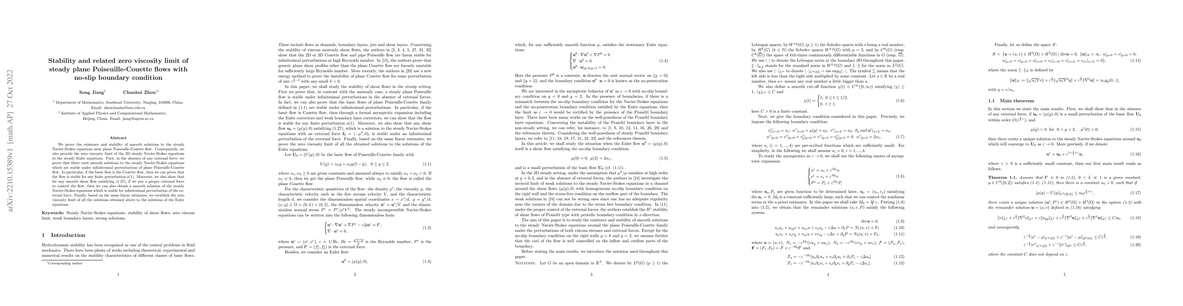 Thumbnail for Stability and related zero viscosity limit of steady plane
  Poiseuille-Couette flows with no-slip boundary condtion