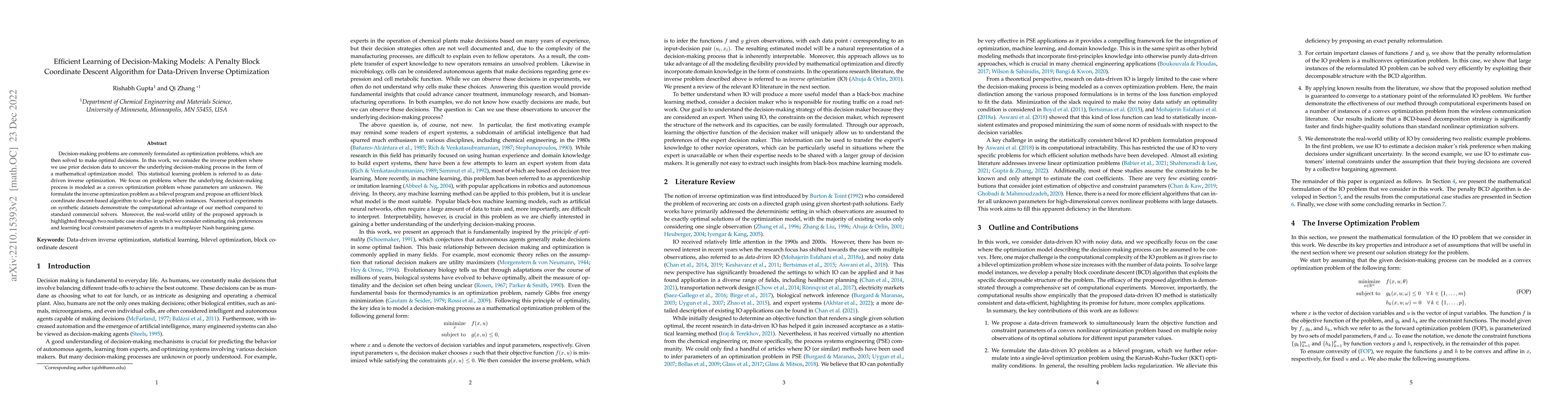 Thumbnail for Efficient Learning of Decision-Making Models: A Penalty Block Coordinate
  Descent Algorithm for Data-Driven Inverse Optimization